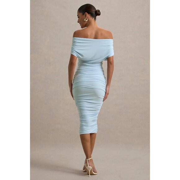 Club L London Rayleigh Bardot Ruched Midi Dress in Powder Blue - Picture 3 of 5
